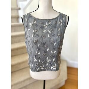 Vintage 90s Silk Grey Silver Beaded Embroidered Floral Scoop Neck Tank